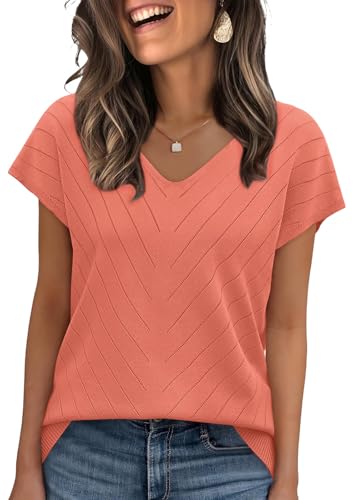 Image of WIHOLL Short Sleeve Sweater for Women V Neck Trendy Summer Tops 2026 Beach Vacation Clothes Travel Business Casual Outfits