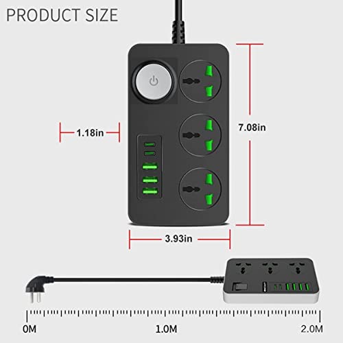 Image of Extension Board, Power Strip with 20W Fast PD /Type C, 2500W 10A Extension Cord with 3 Universal Socket, 38W USB Fast Charging Ports (2 * 20W PD+3*QC 3.0) for Home Office