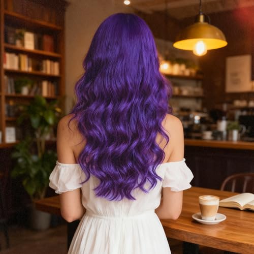 Image of S-noilite Long Purple Wavy Wig for Women 27 inch Middle Part Curly Wavy Wig Heat Resistant Synthetic Hair Seamless Hairline Colorful Anime Cosplay Wigs Halloween Costume Party