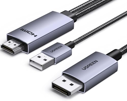 UGREEN HDMI auf DisplayPort unidirektionales Kabel mit USB-A Stromversorgung 4K@60Hz 2K@144Hz 1080P@120Hz HDMI auf DP Display HDR, Dolby, HDCP2.3, kompatibel mit Laptop, PC, PS5, Xbox, Switch (2M)