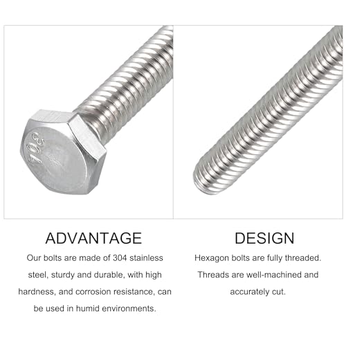 Image of METALLIXITY Hex Head Bolts (1 /4-20 x 2-3 /4 inch) 10Pcs, 304 Stainless Steel 18-8, Fully Threaded, External Hex Drive, Plain Finish, Hex Head Screw Bolt, Silver