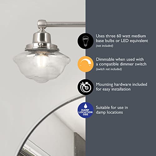 Image of Design House Vintage-Inspired Schoolhouse 3-Light Dimmable Vanity Light, 23.125 in x 7.625 in x 9.5 in, Satin Nickel, Clear Seeded Glass Shades, 589143-SN