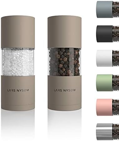 LARS NYSØM Stainless Steel Salt and Pepper Mills Set with Adjustable Ceramic Grinder 2 Pieces I Design Spice Mills Set Manual (Set of 2, Cool Grey)