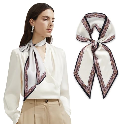 Relang Satin Scarf Mulberry Silk Printed Head Wrap Hair Band 7"" x 59"" White and Pink Chain