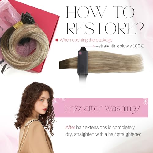 Image of Moresoo U Tip Hair Extensions, Ash Brown Dirty Blonde Ombre, 14 Inch | 40g 50 strands, lightweight keratin tips, adds buildable volume for fine hair, daily wear and natural styling