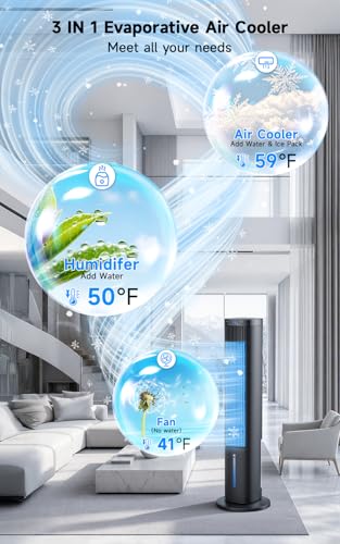 Image of Windowless Portable Air Conditioner w / 5 Mode&3 Speed, 12H Timer, 120 Oscillating Evaporative Air Cooler, LCD Touch Control & 28FT Remote, 4L Water Tank Swamp Cooler Air Conditioner for Room