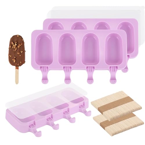3 Set Violet Samll Popsicles Molds with Lids and 100 Pieces Wooden Popsicles Sticks, 4 Cavities Silicone Ice Cream Molds for Making Cakesicles, Cake Pops, Ice Cream - BPA Free