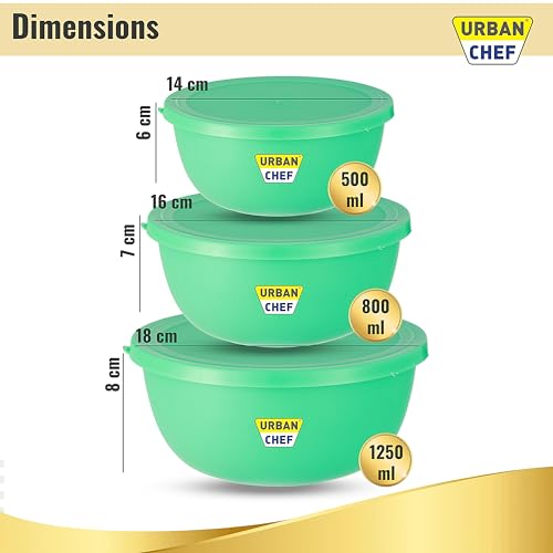 URBAN CHEF Mixing Bowl Set of 3 Stainless Steel (500ml, 800ml,1250ml) | Microwave Safe & Dishwasher Safe | Bowl Set with Lid for Gift | Bowls for Snacks | Serving Bowls Kitchen Accessories -Green