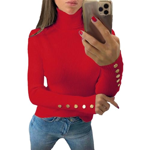 Suéter de Cuello Alto de Punto Acanalado para Mujer, Manga Larga, Estilo Elegante Informal, Corte Ajustado, básico, con Botones, Suave y cálido, Ideal para el Invierno, Color Rojo, Talla Grande.