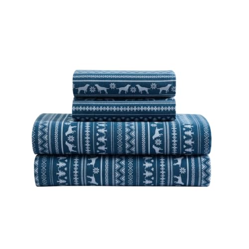 Image of Eddie Bauer - Full Flannel Sheet Set, Soft Brushed Cotton Bedding with Matching Pillowcases, Fully Elastic Fitted Sheet, Deep Pocket Bed Set, Breathable All-Season Comfort (Dog Sweater Stripe Blue)