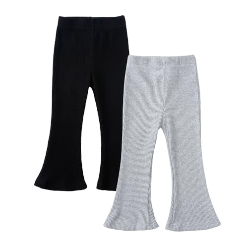 Kids Tales 2 Pack Girls Knit Ribbed Flared Pants Toddler Ruffle Leggings Youth Elastic Waist Bell Bottoms Solid Flare Pants