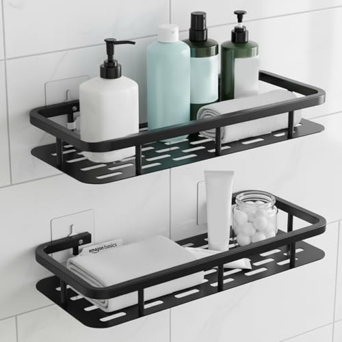 Image of Amazon Basics Wall Mounted Bath Rack - Self adhesive | Mild Steel Bathroom Organizer Shelf for Shampoo, Soap & Accessories | Rust-Resistant, Lightweight & Easy to Maintain - 30.1 x 13 x 4 cm, Pack of 2, Black