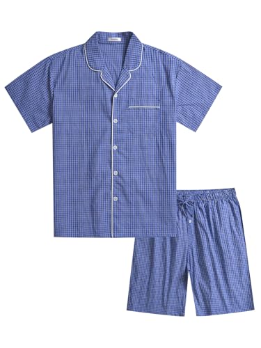Esenchel Men's Summer Cotton Pajama Set Short Sleeve Button Down Pjs Set