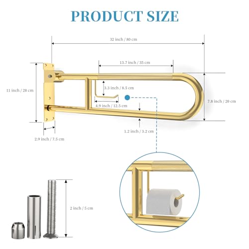 Image of Toilet Grab Bar 30.3 Inch Gold, Munzong Anti-Slip Handicap Grab Bars with Paper Holder, Flip-Up Bathroom Safety Rails, Stainless Steel Knurled Support handrails for Seniors Elderly Disabled Pregnant