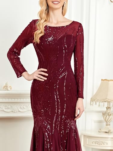 Image of Long Sleeve Sequin Evening Dress Glitter Mermaid Long Gown for Mother of The Bride Or Wedding Guest