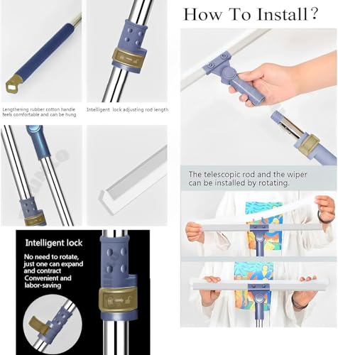 Image of Bathroom Cleaning Brush with Wiper - Long Handle 180 Rotate Toilet Brush, Tiles Cleaning, Floor Scrub for Kitchen and Bathroom Accessories, Blue Squeezee