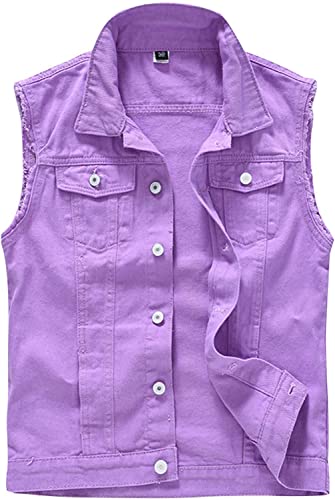 Image of Lazutom Men's Sleeveless Denim Vest Casual Slim Fit Ripped Classic Button Down Jean Jacket
