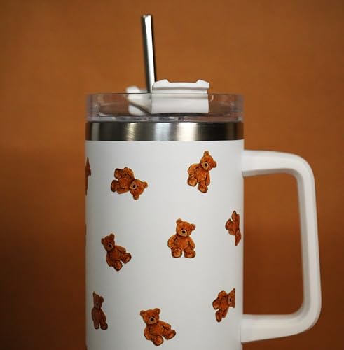 Image of 1200ML Stainless Steel Tumbler Hot and Cold with Handle and Lid and 2 Straws, Double Insulated Cup Leak Proof Mug Cupholder for Gym, Travelling (Teddy)