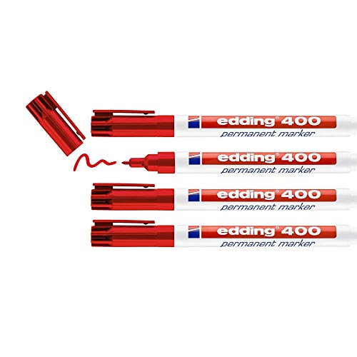 edding 400 Marqueur permanent - rouge - 4 stylos - pointe ronde fine 1 mm - sèche vite, résiste à l'eau et aux frottements - pour carton, plastique, bois,...