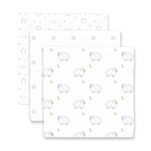 Image of SwaddleDesigns Muslin Swaddle Blankets, Swaddle Blanket for Baby Girl and Baby Boy, Little Lambs Goodnight, Sterling Gray & Pastel Yellow, Set of 3
