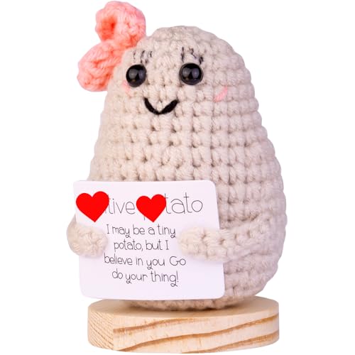 Image of Handmade Emotional Support Potato Car Ornament, Funny Potato Knitting Doll Car Dashboard Decoration Gift with Wooden Base for Car Home Office(Bowknot Potato)