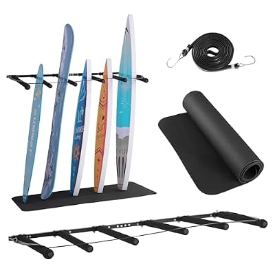 VEVOR Soporte de Pared para Tablas de Surf, Soporte Vertical para Tablas de Surf de 5 Niveles para Almacenamiento y Exhibición, Organizador Ajustable para Kiteboards, Esquís y Snowboards, Negro
