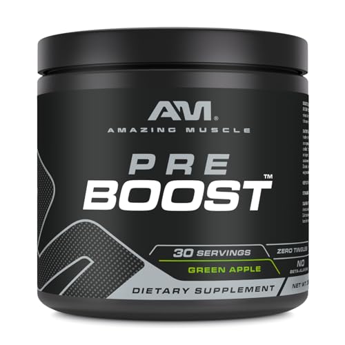 Image of Amazing Muscle Pre Boost | 30 Servings | 324 Grams Powder | Pre Workout Supplement | Made in USA (30 Servings, Natural Green Apple)