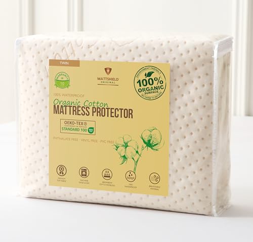 Luxury Waterproof Organic Mattress Protector Twin Size - Organic Cotton Breathable Mattress Pad Cover - Premium 380 GSM 3D Air Fabric - Deep Pocket - Jersey Cotton Skirt - Fitted Design