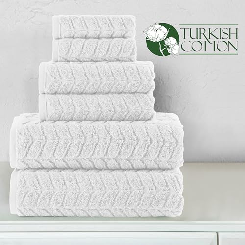 Elegant Comfort Luxury 6-Piece 100% Turkish Cotton Jacquard Braided Textured Premium Hotel Quality Towel Set– Soft and Absorbent, Includes 2 Bath Towels, 2 Hand Towels and 2 Washcloths, White