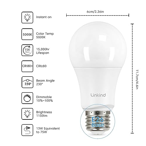 Linkind A19 LED Light Bulbs Dimmable, 75W Equivalent, E26 Base, 5000K Daylight, 13W 1150 Lumens 120V, UL Listed FCC Certified, LED Lights for Bedroom Living Room Home Office, 6 Packs