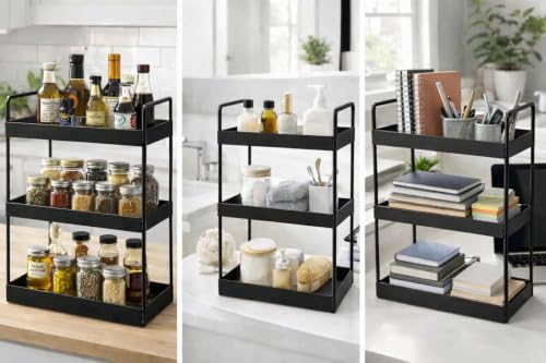 Image of SJC GLOBAL Premium 3 Tier Heavy Duty Metal Rack Kitchen Counter Top Organizer Rack Multipurpose Spice Organizer Masala Stand Bathroom Shelf Cosmetic Holder Kitchen Storage Rack Freestanding Black