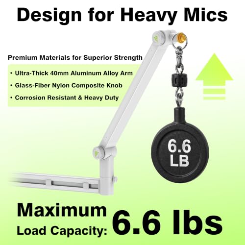 Image of AA AUDIO ACCESSORY White Boom Arm Low Profile (Design for Heavy Mic) 6.6lbs Load Capacity, Gear Lock Structure Never Sags, Metal Microphone Stand Desk Mount for Shure SM7B MV7+, Blue Yeti, Rode PodMic