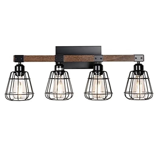 TELAFLY Bathroom Vanity Light Fixture,Rustic 4-Light Wood Wall Light,Industrial Bathroom Lighting Fixture Over Mirror,Modern Matte Black Metal Cage Wall Sconce for Hallway,Kitchen,Bedroom