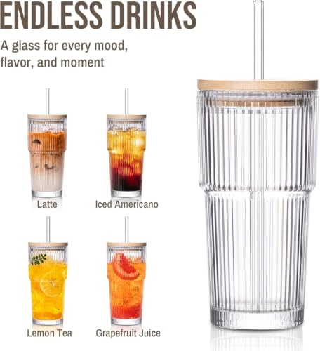Image of FUNKYFINDS Glass Cups with Lids and Straws, 600 Ml Ribbed Glass Tumbler for Iced Coffee, Smoothie, Juice & Cold Drinks, Reusable Thick Glassware Set, Elegant Home & Travel Drinkware【1 Pack】
