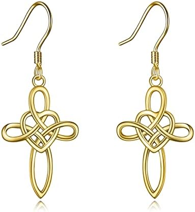 YFN Sterling Silver Celtic Knot Dangle Earrings Good Luck Irish Celtic Knot Vintage Dangles for Women (Gold-Celtic Cross Earrings)