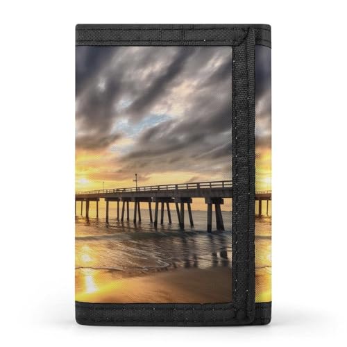 Beach Sea Bridge Clouds Sunset Print Trifold Wallet with ID Window & Key Ring | Slim Front Pocket Wallet with 8 Card Holder