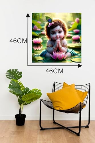 Image of Baby Krishna With Pink Flower God Wall Poster for Pooja Room, Office, Kids Room (Size- 46CM X 46CM)
