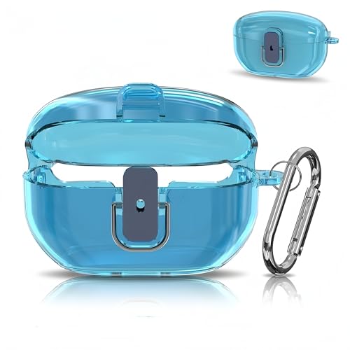 SONY WF-1000XM5 クリア ケース セキュアロック クリア イヤホンケース WF-1000XM5 用 保護カバー リング付き カラビナ 軽量 透明 クリア (ブルー)