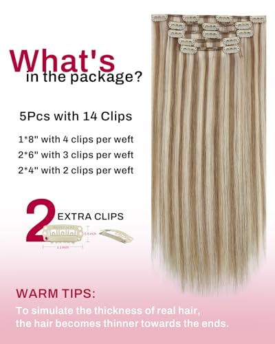 Image of Moresoo Human Hair Clip in Extensions Blonde Highlights Brown Real Human Hair Extensions Clip ins Platinum Blonde with Medium Golden Brown Short 14 inch for Women Double Weft 80g /5pcs