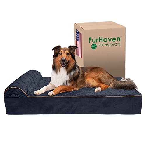 Furhaven Orthopedic Dog Bed For Extra Large Dogs W/ Bonus Water-Resistant Liner & Removable Washable Cover, For Dogs Up To 300 Lbs - Goliath Quilted Faux Fur & Velvet Bolster Chaise - Dark Blue, Xxl #TOP17