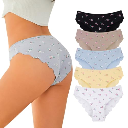 Seamless Underwear for Women Cotton Bikini Flower print Hipster Wavy Sides Invisibles Cheeky Panties 5 Pack