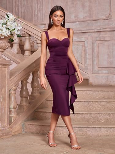 Women's Formal Evening Midi Cocktail Dress Built-in Bra Ruched Sleeveless Slit Ruffle Fall Wedding Guest Dresses2