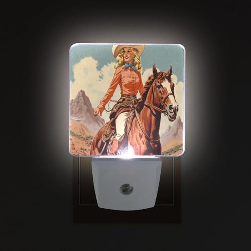 Image of Cowgirl Cowboy Horse View Night Lights 2 Pack Plug-in Wall Led Nightlight Auto Dusk-to-Dawn Sensor Lamps for Bedroom Kitchen Bathroom