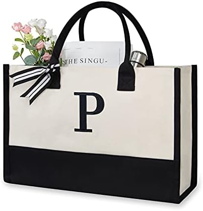Personalized Initial Canvas Beach Bag, Monogrammed Gift Tote Bag for Women