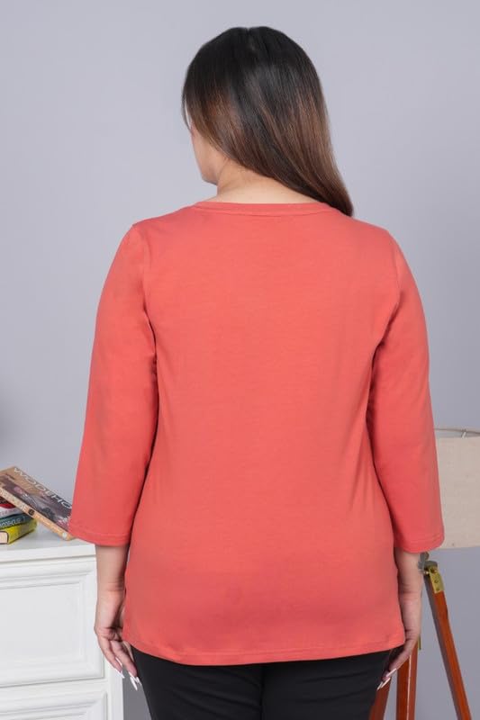 Image of Mlada V-Neck Cotton 3 /4th Sleeves Tshirt for Women | Stretchable Regualr Fit Solid Cotton Tshirts | Casual 3 /4th Sleeves Tshirts for Women Office Wear | Solid Round Neck Tshirt