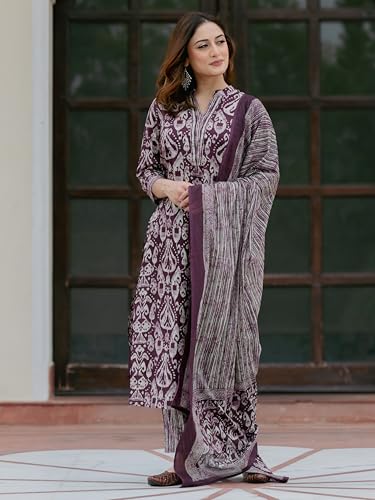 Image of Arayna Women's 100% Pure Cotton Ikat Printed Ethnic Straight Kurta Pant and Dupatta Set for Women