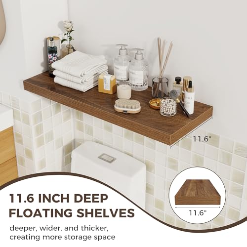 Image of Fun Memories Deep Floating Shelves, 32W x 12D Walnut Wall Shelves, 32 Long Rustic Wood Wide Storage Shelves for Bedroom, Kitchen, Farmhouse, Laundry Room, Bedroom, Kitchen, Home Office- Set of 2