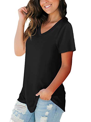 V Neck T Shirts Women Summer Short Sleeve Loose Fitting Cute Tops Black XL