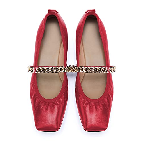 FYS Women Square Toe Flat Low Heel Mary Jane Chain Strap Ballet Shoes Soft Ladies Dancing Prom Shoes Size 4-15 US3