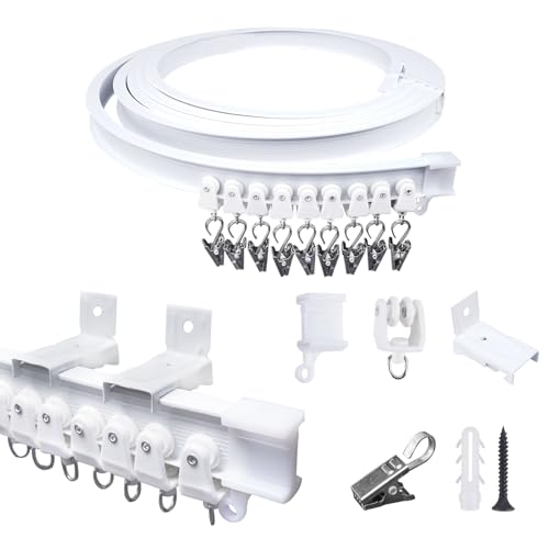 FOGAWA 4m Riel de cortina para pared con 32 clips de cortina en hierro, rieles para cortinas, riel cortina flexible plegable, sistema de cortina riel para cortina/ducha/separadore de ambiente, blanco